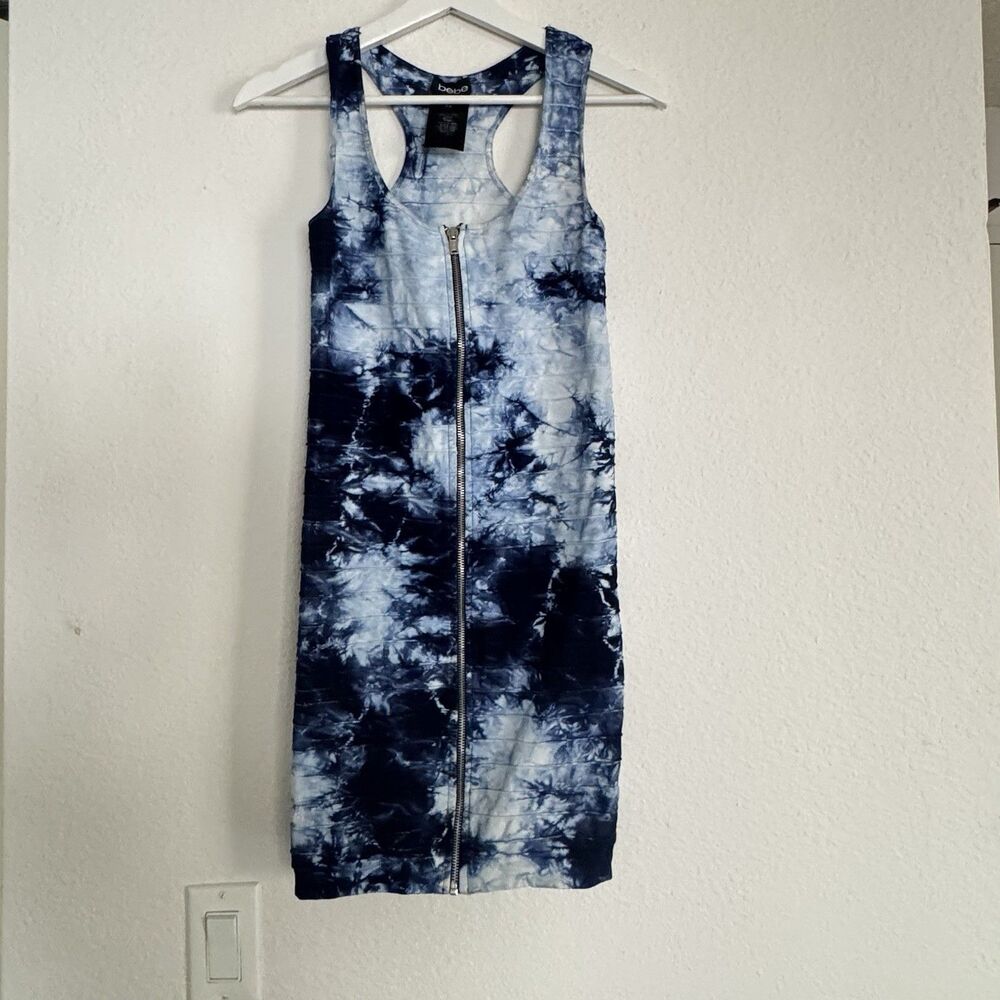 Bebe Y2K Bodycon Dress Tye Died Blue Body shaping 2000’s Front Zipper Size P/S